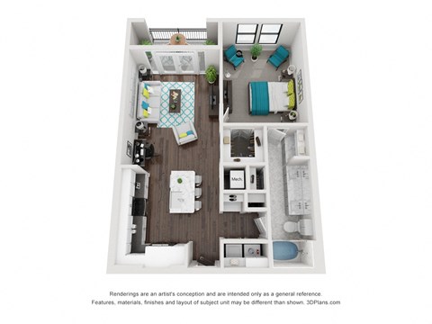 Floor plan for 1 bed, 1 bath, 836 sqft
